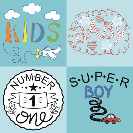 Four kids logo handwriting Baby, Kids, Super boy, Number one. Childrens lettering.のイラスト素材