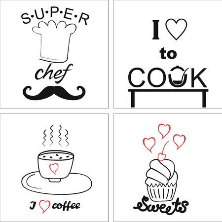 Four on the theme of cooking and food with inscriptionsのイラスト素材