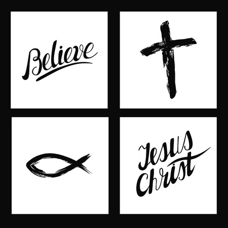 Christian symbols. Cross. Inscriptions made by hand, Believe, Jesus Christ.のイラスト素材