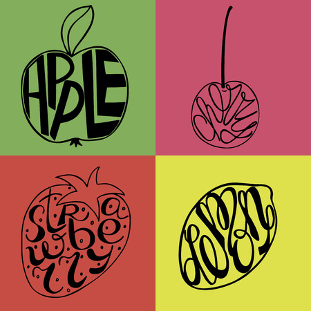 Hand lettering made inside fruits Apple, Lemon, Strawberry, cherry with colorful backgroundのイラスト素材