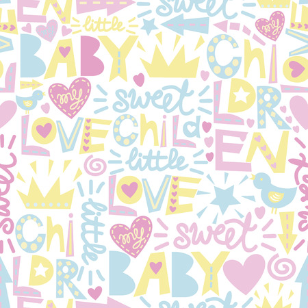 Gentle baby pattern with words and inscriptions Love, Baby, Sweet. Children s background.のイラスト素材