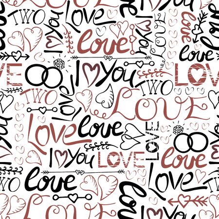 Seamless pattern with hand lettering and inscriptions I love you Two with rings, hearts and arrows.Valentine s day. Gift wrapping. Wedding.のイラスト素材