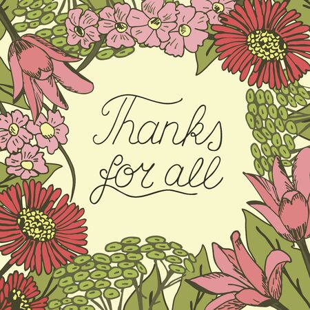 Inscription Thanks for all made on floral background. Greeting card. Expression of feelings. Posterのイラスト素材