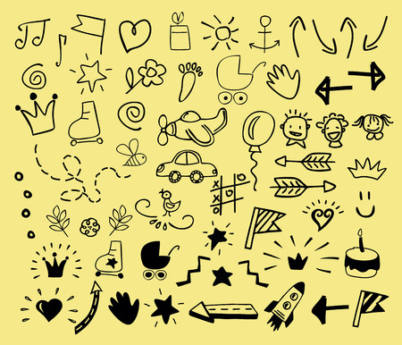 Hand drawn icons for children. Kids logo. Doodleのイラスト素材