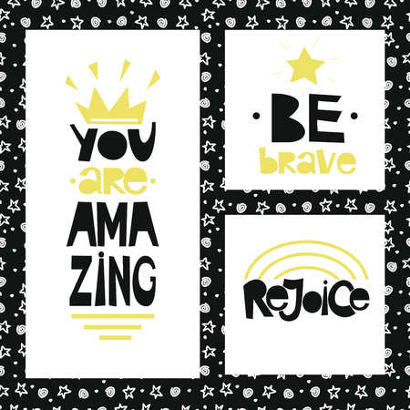 Three sentences on black background of stars and spirals. Be brave. You are amazing. Rejoice. Poster. Card.のイラスト素材