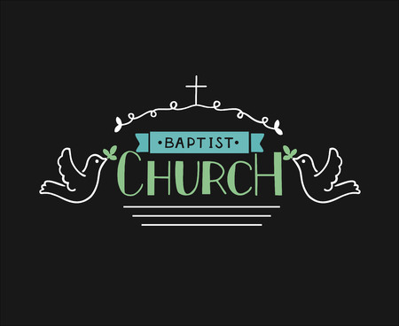 Church s logo with hand lettering and cross and pigeons. Biblical background. Christian poster. Vintage.のイラスト素材