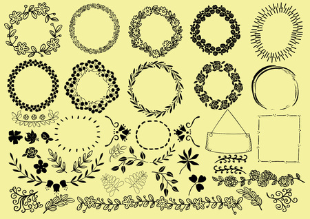 Set with hand-drawn wreaths, ribbons, flowers and leaves.のイラスト素材