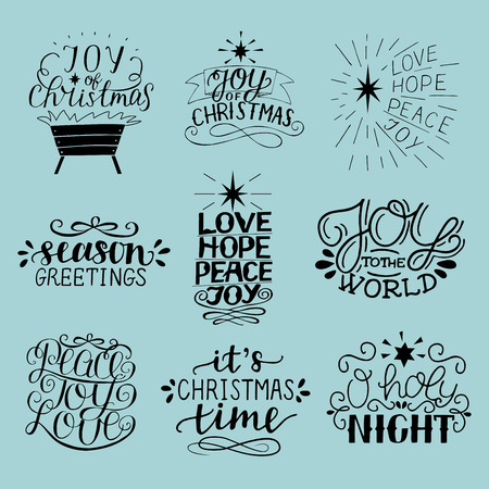Set of 9 Christmas inscriptions with lettering O holy night. Joy, hope, love, peace. Season greetings.のイラスト素材