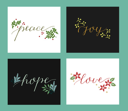 Collection with 4 Holiday cards made hand lettering Love, hope, peace, joy.のイラスト素材