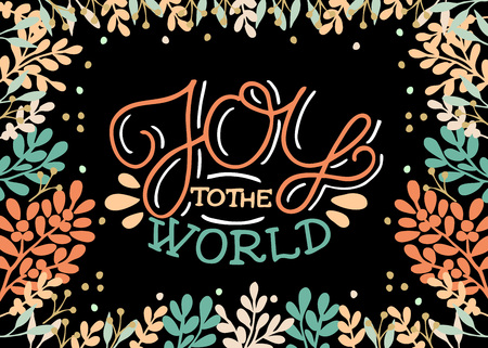 Holiday christmas card with inscription Joy to the world, made hand lettering on black background.のイラスト素材