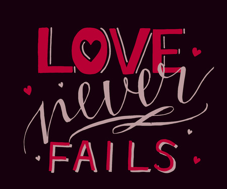 Hand lettering with bible verse and hearts Love never fails .のイラスト素材
