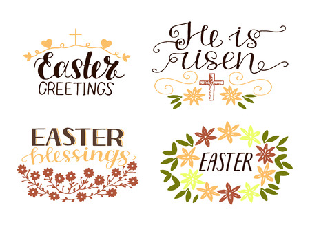 Set of 4 hand lettering quotes. He is risen. Easter blessings.のイラスト素材