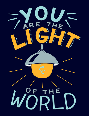 Hand lettering with bible verse You are the light of the world, made with glowing light bulb.のイラスト素材
