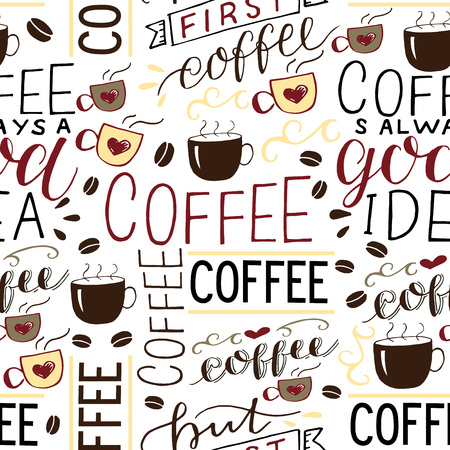 Seamless patern with inscription about coffee made hand-lettering with beans and cups. Cafe background.のイラスト素材