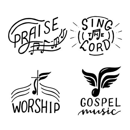 Set with 4 hand lettering logo Sing the Lord, Praise, Worship, Gospel music.のイラスト素材