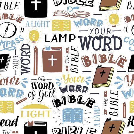 Seamless christian pattern with inscriptions Your word, Bible, Lamp, Light . Ministry .のイラスト素材