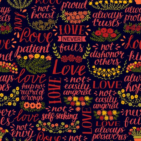 Seamless pattern with hand lettering words Love, patient, kind, always hopes, trusts, never fails.のイラスト素材