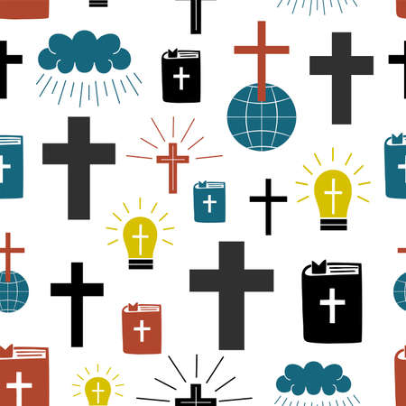 Seamless pattern with symbols Cross on globe, Bible, glowing light bulb.