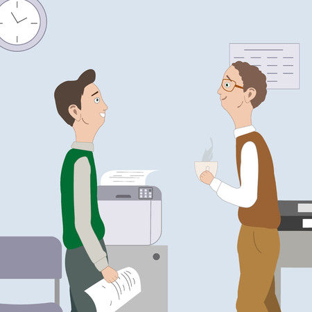 Two best friends, collegue tell about something, gossip, laughing at workplace. Office room with desk,chair, clock.Vector illustration.のイラスト素材