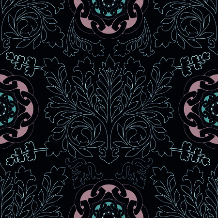 Dark seamless damask pattern, classic walpapper. Black backgroundのイラスト素材