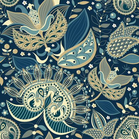 seamless ethnic pattern, floral background with decorative elementsの写真素材