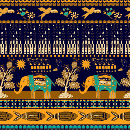 Floral and animal seamless pattern in paisley style. Ornamental Indian backdropのイラスト素材