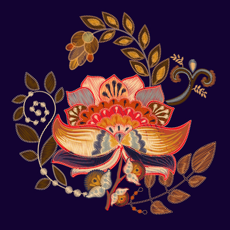 Vector embroidery print with big flower. Floral folk template on black background for fashion design.のイラスト素材