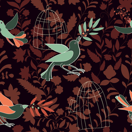 Dark colorful seamless wallpaper with birds, olive branches and birdcages. Nature pattern for web, textile, backdrop, background. Birds fly from the cells to freedom. Vector clipartのイラスト素材