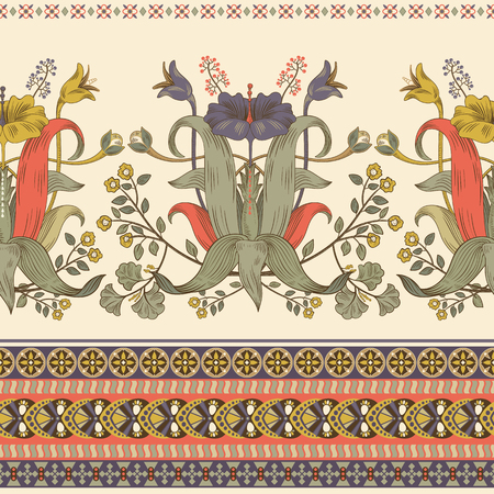 Vertical seamless pattern, victorian style. Vintage floral colorful wallpaperのイラスト素材