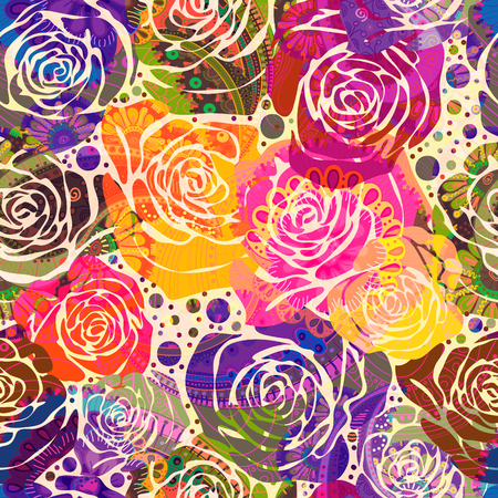 Bright floral pattern with stylized roses. Vector illustration with hand drawn flowers.のイラスト素材