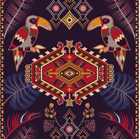 Colorful illustration with bird and tropical plants. Seamless vertical pattern. Ethnic decorative wallpaper.のイラスト素材