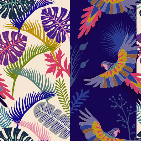 Vector seamless pattern with palm leaves and parrots. Vertical tropical wallpaper. Bright colorful botanical backdropのイラスト素材