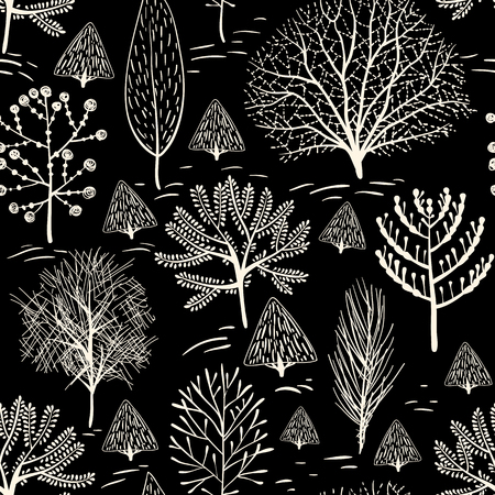 Monochrome floral pattern. Wallpaper in two colors. Contour treesのイラスト素材