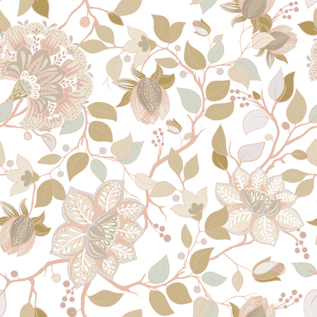 Colorful floral pattern. Vector wallpaper with big illustration flowers. Hand drawn plants, rosesのイラスト素材