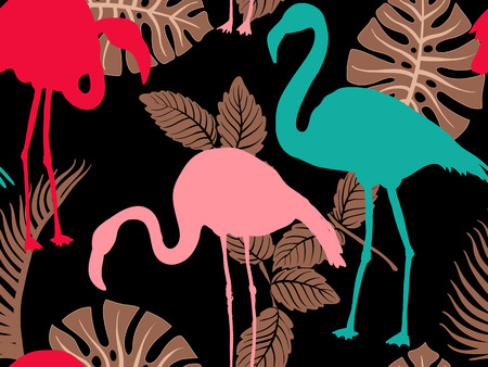 Colorful pattern with flamingo silhouettes and tropical leaves. For wallpaper, textile, fabric, phone coverの写真素材