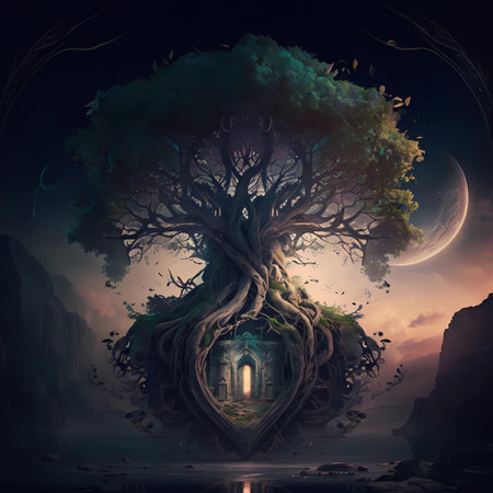 Fantasy landscape with tree, house and moon. 3D rendering. tree of lifeの素材