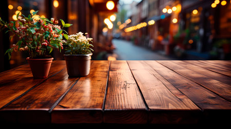 Wooden table without objects, front view. Christmas, New Year. Without people.の写真素材