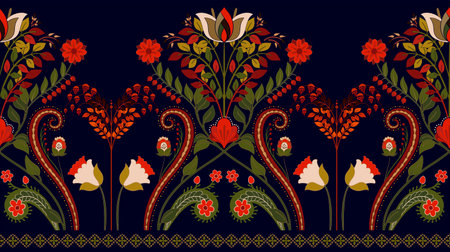 Floral seamless border. Decorative border with stylized flowers and plants. Textile print. Indian...