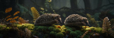 Cute close up hedgehogs in beautiful wild forest at sunset nature outdoor background. Horizontal wide illustration, web banner template. generated with AI.の素材