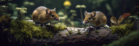 Beautiful and cute wood mice sitting on mossy log in the deep forest. Wide horizontal animalistic banner or header for web site. Wild nature outdoor background. generated with AI.の素材