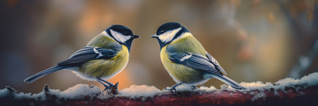 Small and cute Parus Major funny birds on autumn forest wild nature outdoor background. Wildlife web banner with copy space. generated with AI.の素材