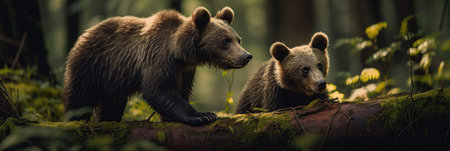 Beautiful playful brown bear cubs on log in wild forest. Animalistic illustration of young cute bears in the nature habitat. Web banner template. generated with AI.の素材