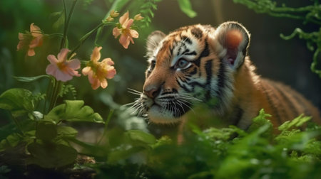 Cute and adorable tiger cub smelling fresh spring flower in the deep forest. New beginning. outdoor horizontal background. wild nature illustration. generated with AI.の素材
