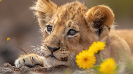 Cute adorable lion cub smelling a beautiful yellow flower. New beginning concept. Close up portrait of baby wild cat. greeting card. generated with AI.の素材