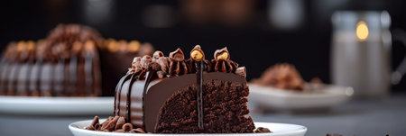 Panoramic web banner with glazed chocolate cake on plate. Delicious and beautiful sweet pastry product. horizontal wide format. generated with AI.の素材