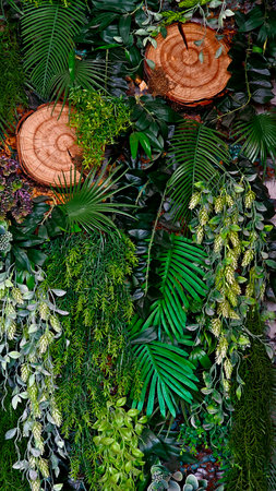 Tropical plants and ferns on a wall background.の写真素材