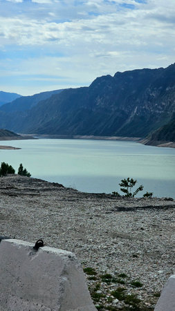 Landscape of mountains and lake in Kyrgyzstan, Central Asiaの写真素材