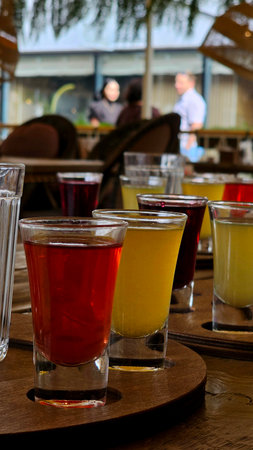 Rustic Homemade Liqueurs in Mason Jars
Description: Charming display of DIY fruit-infused vodkas and herbal liqueurs in glass mason jars with handwritten labels and fresh ingredieの写真素材