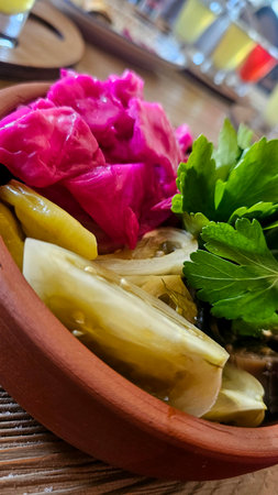 Rustic Pickle Board â Assorted Brined Vegetables & Greens
Charcuterie-style presentation of diverse pickled vegetables including cabbage wedges, jalapeÃ±o rings and cucumber spears,の写真素材