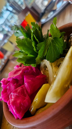 Colorful Pickled Vegetable Assortment â Crunchy and Tangy Variety of salted and brined vegetables including green tomatoes, cauliflower, carrots and jalapeÃ±osの写真素材